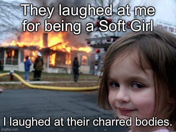 I know a “soft girl” is a Tiktok aesthetic, but I like it. | They laughed at me for being a Soft Girl; I laughed at their charred bodies. | image tagged in memes,disaster girl | made w/ Imgflip meme maker