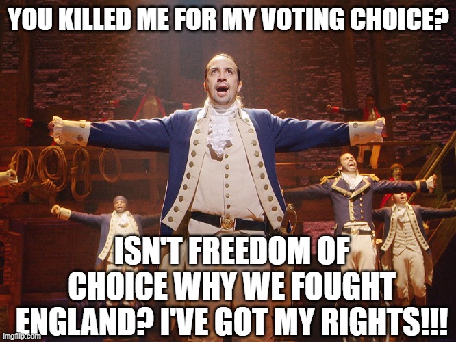 true tho :) | YOU KILLED ME FOR MY VOTING CHOICE? ISN'T FREEDOM OF CHOICE WHY WE FOUGHT ENGLAND? I'VE GOT MY RIGHTS!!! | image tagged in hamilton,memes,funny,america,freedom,rights | made w/ Imgflip meme maker