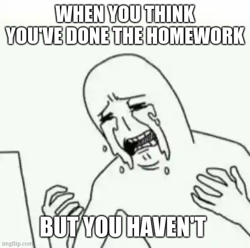 My Homework!!!! | WHEN YOU THINK YOU'VE DONE THE HOMEWORK; BUT YOU HAVEN'T | image tagged in funny meme | made w/ Imgflip meme maker