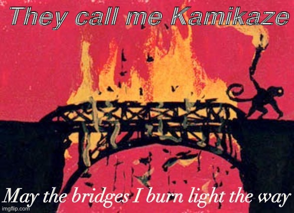 If ever there were a time to speak our minds, now is it. | They call me Kamikaze | image tagged in may the bridges i burn light the way,kamikaze,burning,bridge,usernames,username | made w/ Imgflip meme maker