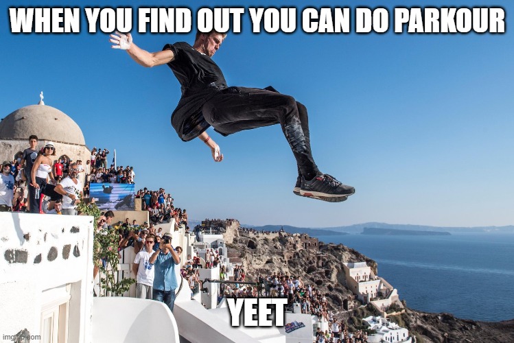 YEET Meme (Parkour Edition) | WHEN YOU FIND OUT YOU CAN DO PARKOUR; YEET | image tagged in parkour | made w/ Imgflip meme maker