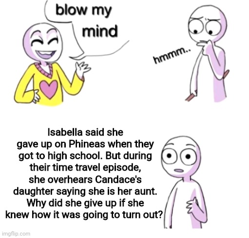 Blow my mind | Isabella said she gave up on Phineas when they got to high school. But during their time travel episode, she overhears Candace's daughter saying she is her aunt. Why did she give up if she knew how it was going to turn out? | image tagged in blow my mind | made w/ Imgflip meme maker