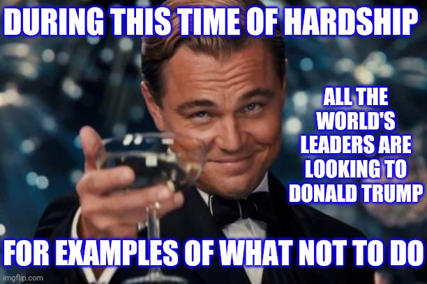 Because He's Doing It Oh So WRONG | DURING THIS TIME OF HARDSHIP; ALL THE WORLD'S LEADERS ARE LOOKING TO DONALD TRUMP; FOR EXAMPLES OF WHAT NOT TO DO | image tagged in memes,leonardo dicaprio cheers,trump unfit unqualified dangerous,liar in chief,lock him up,treasonous trumps | made w/ Imgflip meme maker