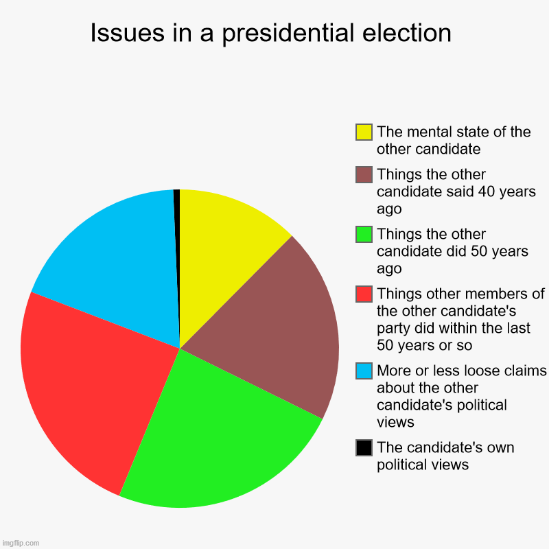 And that goes for both parties | Issues in a presidential election | The candidate's own political views, More or less loose claims about the other candidate's political vie | image tagged in charts,pie charts,politics,election 2020,election | made w/ Imgflip chart maker