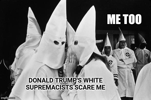 Because He's The Worst | ME TOO; DONALD TRUMP'S WHITE SUPREMACISTS SCARE ME | image tagged in kkk whispering,memes,trump unfit unqualified dangerous,liar in chief,treasonous trump,lock him up | made w/ Imgflip meme maker