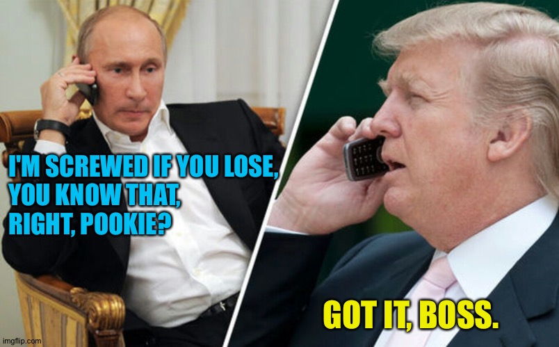 Putin/Trump phone call | I'M SCREWED IF YOU LOSE, 
YOU KNOW THAT, 
RIGHT, POOKIE? GOT IT, BOSS. | image tagged in putin/trump phone call | made w/ Imgflip meme maker