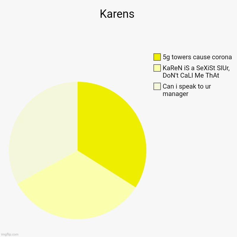 5g towers do NOT cause corona! | Karens | Can i speak to ur manager, KaReN iS a SeXiSt SlUr, DoN't CaLl Me ThAt, 5g towers cause corona | image tagged in charts,pie charts,karen,ok karen | made w/ Imgflip chart maker