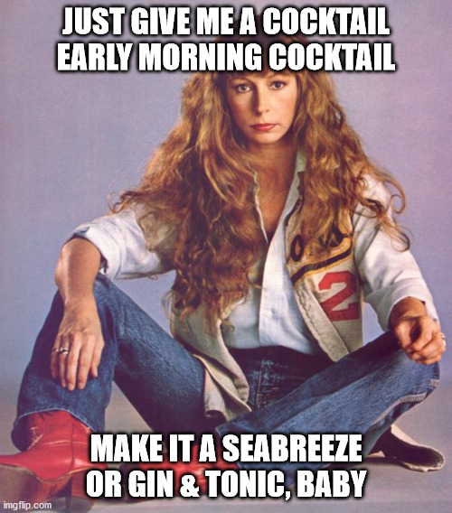 Cocktail of the Morning | JUST GIVE ME A COCKTAIL
EARLY MORNING COCKTAIL; MAKE IT A SEABREEZE
OR GIN & TONIC, BABY | image tagged in juice newton,cocktail,cocktails,songe lyrics | made w/ Imgflip meme maker
