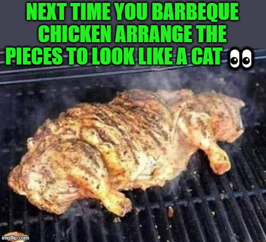 barbeque fun | NEXT TIME YOU BARBEQUE CHICKEN ARRANGE THE PIECES TO LOOK LIKE A CAT 👀 | image tagged in chicken,barbeque,joke | made w/ Imgflip meme maker