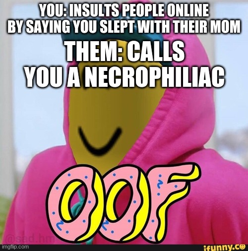 Yikes | YOU: INSULTS PEOPLE ONLINE BY SAYING YOU SLEPT WITH THEIR MOM; THEM: CALLS YOU A NECROPHILIAC | image tagged in roblox oof | made w/ Imgflip meme maker