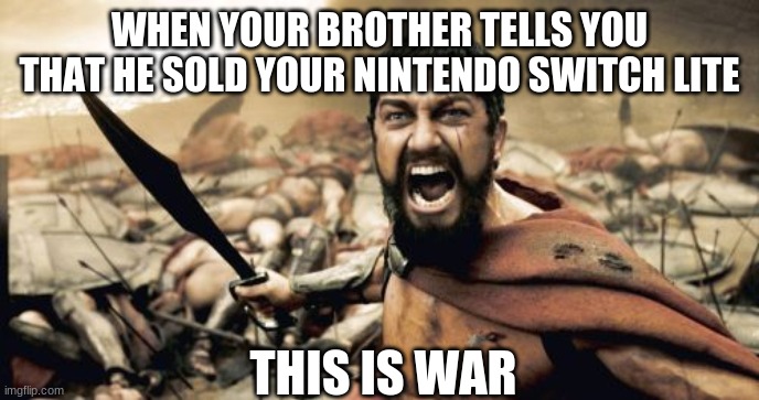 THIS IS WAR | WHEN YOUR BROTHER TELLS YOU THAT HE SOLD YOUR NINTENDO SWITCH LITE; THIS IS WAR | image tagged in memes,sparta leonidas | made w/ Imgflip meme maker