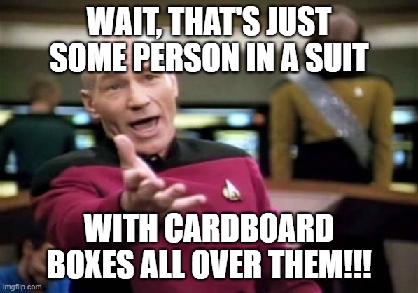 Picard Wtf Meme | WAIT, THAT'S JUST SOME PERSON IN A SUIT WITH CARDBOARD BOXES ALL OVER THEM!!! | image tagged in memes,picard wtf | made w/ Imgflip meme maker