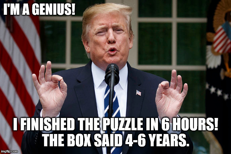 Genius Trump Puzzle | I'M A GENIUS! I FINISHED THE PUZZLE IN 6 HOURS!
THE BOX SAID 4-6 YEARS. | image tagged in trump,puzzle,genius | made w/ Imgflip meme maker
