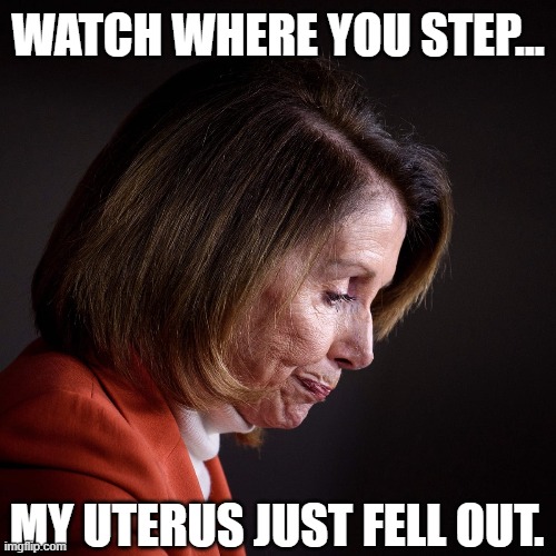 She's decaying faster than week old bananas. | WATCH WHERE YOU STEP... MY UTERUS JUST FELL OUT. | image tagged in nancy pelosi,memes | made w/ Imgflip meme maker