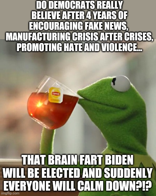 Uh....democrats, people might have been manipulated too far this time. | DO DEMOCRATS REALLY BELIEVE AFTER 4 YEARS OF ENCOURAGING FAKE NEWS,  MANUFACTURING CRISIS AFTER CRISES, PROMOTING HATE AND VIOLENCE... THAT BRAIN FART BIDEN WILL BE ELECTED AND SUDDENLY EVERYONE WILL CALM DOWN?!? | image tagged in memes,kermit the frog,politics,violence,fake news | made w/ Imgflip meme maker