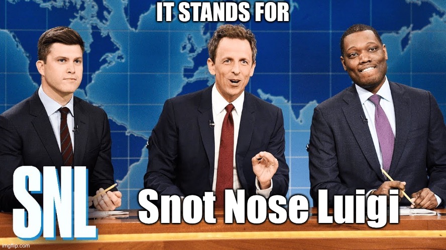 SNL weekend | IT STANDS FOR; Snot Nose Luigi | image tagged in snl | made w/ Imgflip meme maker