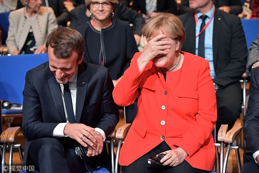 Macron Merkel laughing Blank Meme Template