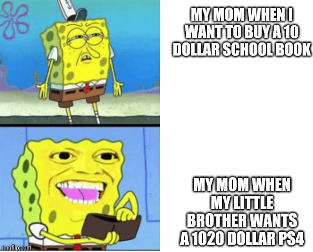 My mom | MY MOM WHEN I WANT TO BUY A 10 DOLLAR SCHOOL BOOK; MY MOM WHEN MY LITTLE BROTHER WANTS A 1020 DOLLAR PS4 | image tagged in money | made w/ Imgflip meme maker