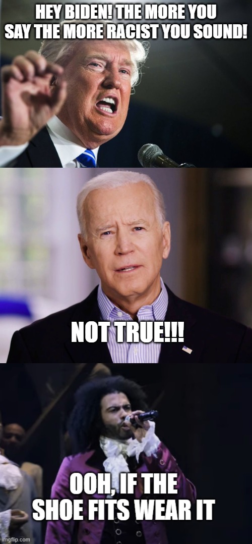 biden keeps having to apologize 4 racist comments. if he were conservative he'd never be forgiven... | HEY BIDEN! THE MORE YOU SAY THE MORE RACIST YOU SOUND! NOT TRUE!!! | image tagged in donald trump,jefferson ooh if the shoe fits wear it,joe biden,racism,memes,funny | made w/ Imgflip meme maker