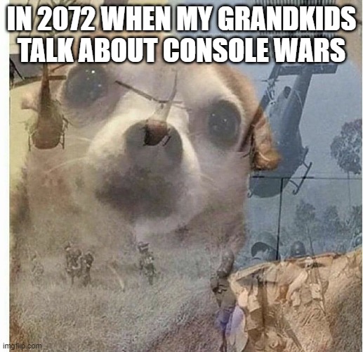 Console War Flashbacks | IN 2072 WHEN MY GRANDKIDS TALK ABOUT CONSOLE WARS | image tagged in flashback doggy,dontforgetconsolewars | made w/ Imgflip meme maker