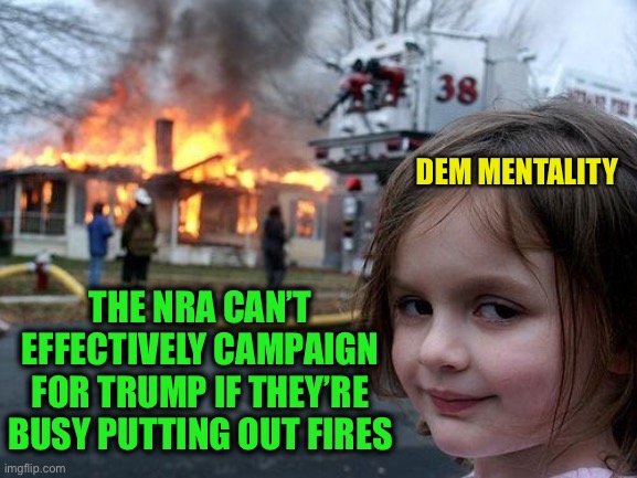 Disaster Girl Meme | DEM MENTALITY THE NRA CAN’T EFFECTIVELY CAMPAIGN FOR TRUMP IF THEY’RE BUSY PUTTING OUT FIRES | image tagged in memes,disaster girl | made w/ Imgflip meme maker