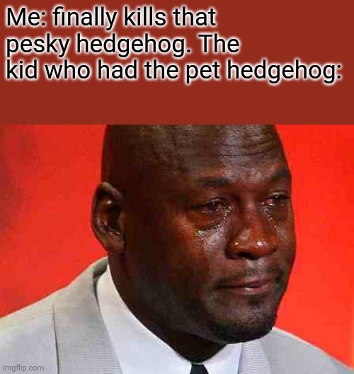 crying michael jordan | Me: finally kills that pesky hedgehog. The kid who had the pet hedgehog: | image tagged in crying michael jordan,memes,funny,sonic | made w/ Imgflip meme maker