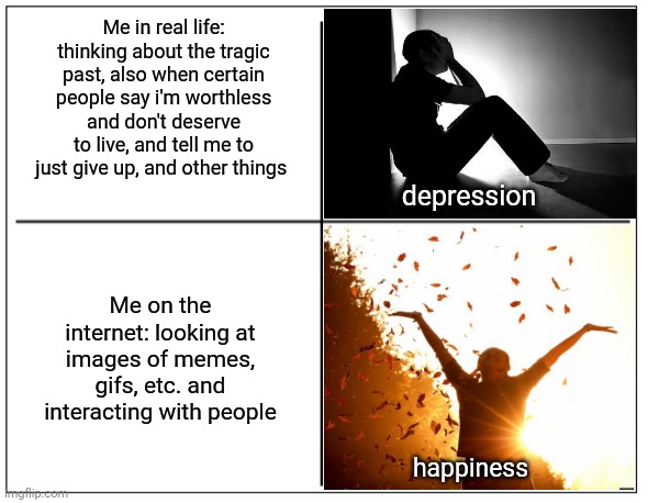 My depression/ happiness | Me in real life: thinking about the tragic past, also when certain people say i'm worthless and don't deserve to live, and tell me to just give up, and other things; depression; Me on the internet: looking at images of memes, gifs, etc. and interacting with people; happiness | image tagged in 4 square grid,depression,memes,meme,happiness,dank memes | made w/ Imgflip meme maker