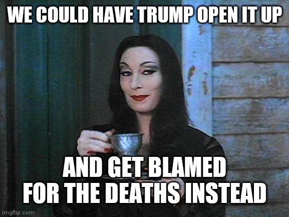 Morticia drinking tea | WE COULD HAVE TRUMP OPEN IT UP AND GET BLAMED FOR THE DEATHS INSTEAD | image tagged in morticia drinking tea | made w/ Imgflip meme maker