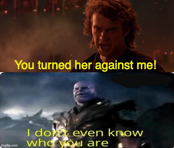 I wonder what would happen if these two ever met | You turned her against me! | image tagged in thanos i don't even know who you are,crossover | made w/ Imgflip meme maker