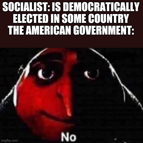 No gru meme | SOCIALIST: IS DEMOCRATICALLY ELECTED IN SOME COUNTRY
THE AMERICAN GOVERNMENT: | image tagged in no gru meme,socialism,democracy,cia,big government,election | made w/ Imgflip meme maker