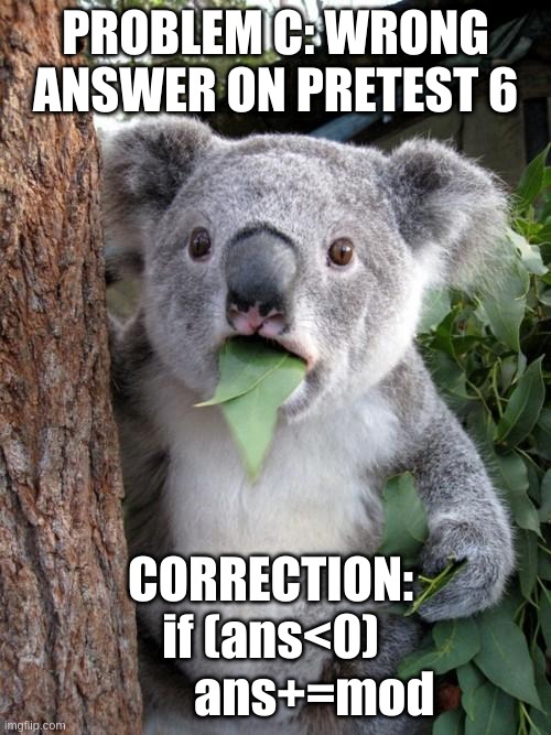 Codeforces things |  PROBLEM C: WRONG ANSWER ON PRETEST 6; CORRECTION: 
if (ans<0) 
        ans+=mod | image tagged in memes,surprised koala,coding,computer guy,codeforces | made w/ Imgflip meme maker