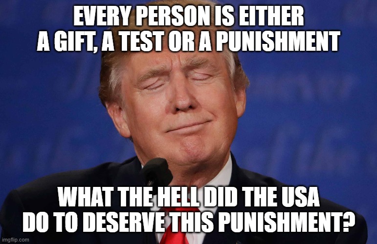 EVERY PERSON IS EITHER A GIFT, A TEST OR A PUNISHMENT; WHAT THE HELL DID THE USA DO TO DESERVE THIS PUNISHMENT? | image tagged in donald trump,usa,politics | made w/ Imgflip meme maker