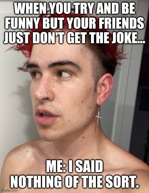 Bad Jokes Much??? | WHEN YOU TRY AND BE FUNNY BUT YOUR FRIENDS JUST DON'T GET THE JOKE... ME: I SAID NOTHING OF THE SORT. | image tagged in bad joke | made w/ Imgflip meme maker