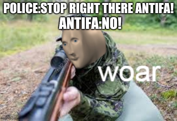 woar | ANTIFA:NO! POLICE:STOP RIGHT THERE ANTIFA! | image tagged in woar | made w/ Imgflip meme maker