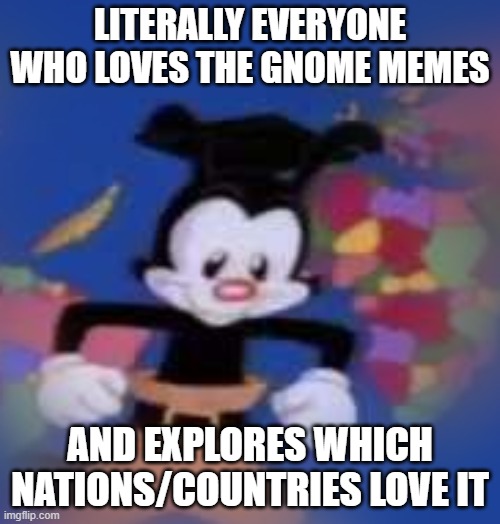 Gnome Yakko | LITERALLY EVERYONE WHO LOVES THE GNOME MEMES; AND EXPLORES WHICH NATIONS/COUNTRIES LOVE IT | image tagged in yakko | made w/ Imgflip meme maker