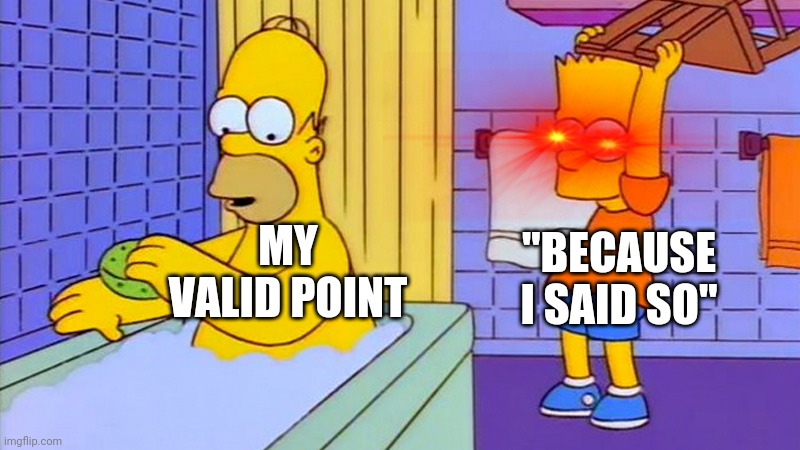 bart hitting homer with a chair | "BECAUSE I SAID SO"; MY VALID POINT | image tagged in bart hitting homer with a chair | made w/ Imgflip meme maker