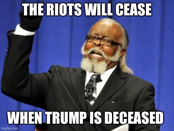 Bye bye trump | THE RIOTS WILL CEASE; WHEN TRUMP IS DECEASED | image tagged in memes,too damn high | made w/ Imgflip meme maker