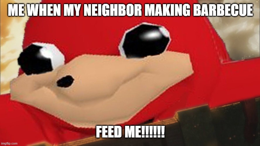 ugandan knuckles | ME WHEN MY NEIGHBOR MAKING BARBECUE; FEED ME!!!!!! | image tagged in ugandan knuckles,barbecue | made w/ Imgflip meme maker