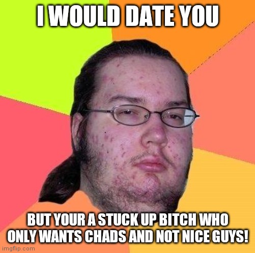 Neckbeard Libertarian | I WOULD DATE YOU; BUT YOUR A STUCK UP BITCH WHO ONLY WANTS CHADS AND NOT NICE GUYS! | image tagged in neckbeard libertarian,memes | made w/ Imgflip meme maker