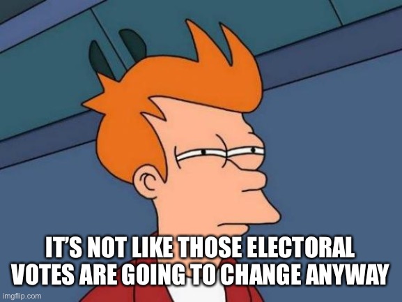 Futurama Fry Meme | IT’S NOT LIKE THOSE ELECTORAL VOTES ARE GOING TO CHANGE ANYWAY | image tagged in memes,futurama fry | made w/ Imgflip meme maker