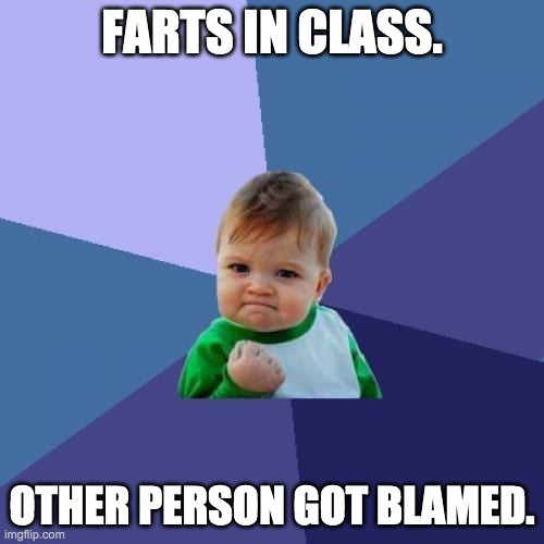 Remember this meme | FARTS IN CLASS. OTHER PERSON GOT BLAMED. | image tagged in memes,success kid | made w/ Imgflip meme maker