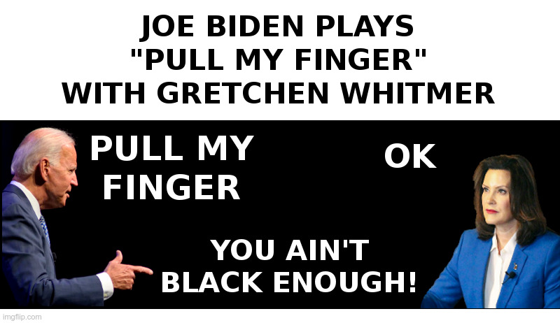 Joe Biden Plays "Pull My Finger" With Gretchen Whitmer | image tagged in joe biden,gretchen whitmer,pull my finger,you aint black,enough | made w/ Imgflip meme maker