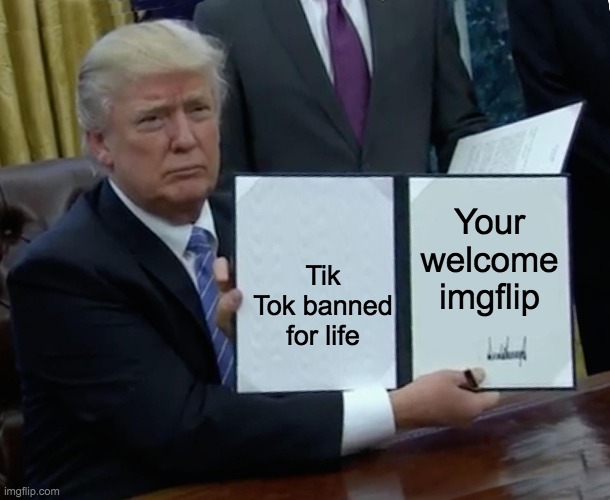 WE DID IT BOYS | Your welcome imgflip; Tik Tok banned for life | image tagged in memes,trump bill signing,fun,meme | made w/ Imgflip meme maker