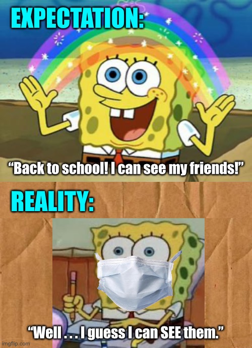 Back to School - Coronavirus | EXPECTATION:; “Back to school! I can see my friends!”; REALITY:; “Well . . . I guess I can SEE them.” | image tagged in spongebob finals,back to school,covid-19,school,coronavirus,teaching | made w/ Imgflip meme maker