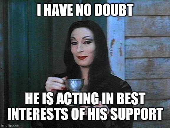 Morticia drinking tea | I HAVE NO DOUBT HE IS ACTING IN BEST INTERESTS OF HIS SUPPORT | image tagged in morticia drinking tea | made w/ Imgflip meme maker