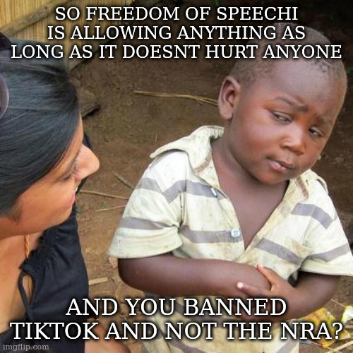 Third World Skeptical Kid | SO FREEDOM OF SPEECHI IS ALLOWING ANYTHING AS LONG AS IT DOESNT HURT ANYONE; AND YOU BANNED TIKTOK AND NOT THE NRA? | image tagged in memes,third world skeptical kid | made w/ Imgflip meme maker