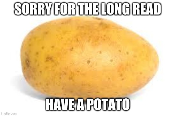 Potato | SORRY FOR THE LONG READ HAVE A POTATO | image tagged in potato | made w/ Imgflip meme maker