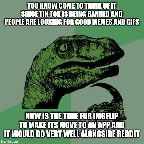 Repost and share to others | YOU KNOW COME TO THINK OF IT SINCE TIK TOK IS BEING BANNED AND PEOPLE ARE LOOKING FOR GOOD MEMES AND GIFS; NOW IS THE TIME FOR IMGFLIP TO MAKE ITS MOVE TO AN APP AND IT WOULD DO VERY WELL ALONGSIDE REDDIT | image tagged in philosoraptor,memes,tik tok | made w/ Imgflip meme maker
