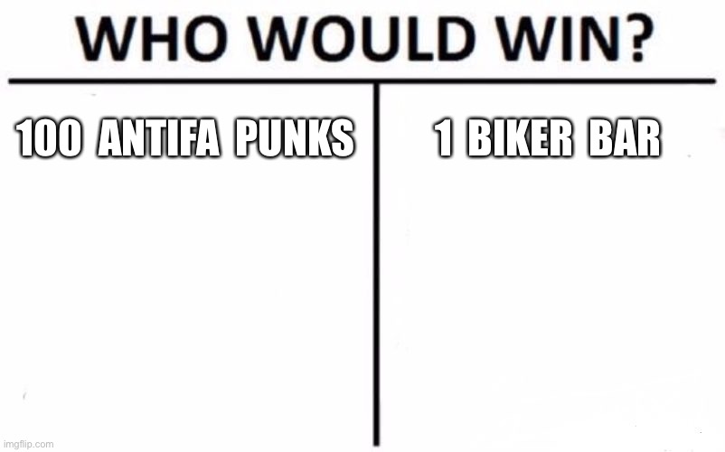 Who Would Win? | 100  ANTIFA  PUNKS; 1  BIKER  BAR | image tagged in memes,who would win | made w/ Imgflip meme maker