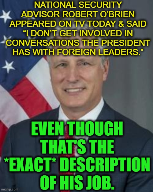 Another Trump Regime Failure | NATIONAL SECURITY ADVISOR ROBERT O’BRIEN APPEARED ON TV TODAY & SAID “I DON’T GET INVOLVED IN CONVERSATIONS THE PRESIDENT HAS WITH FOREIGN LEADERS.”; EVEN THOUGH THAT'S THE *EXACT* DESCRIPTION OF HIS JOB. | image tagged in donald trump,national security,job,idiot,fail,stupid | made w/ Imgflip meme maker